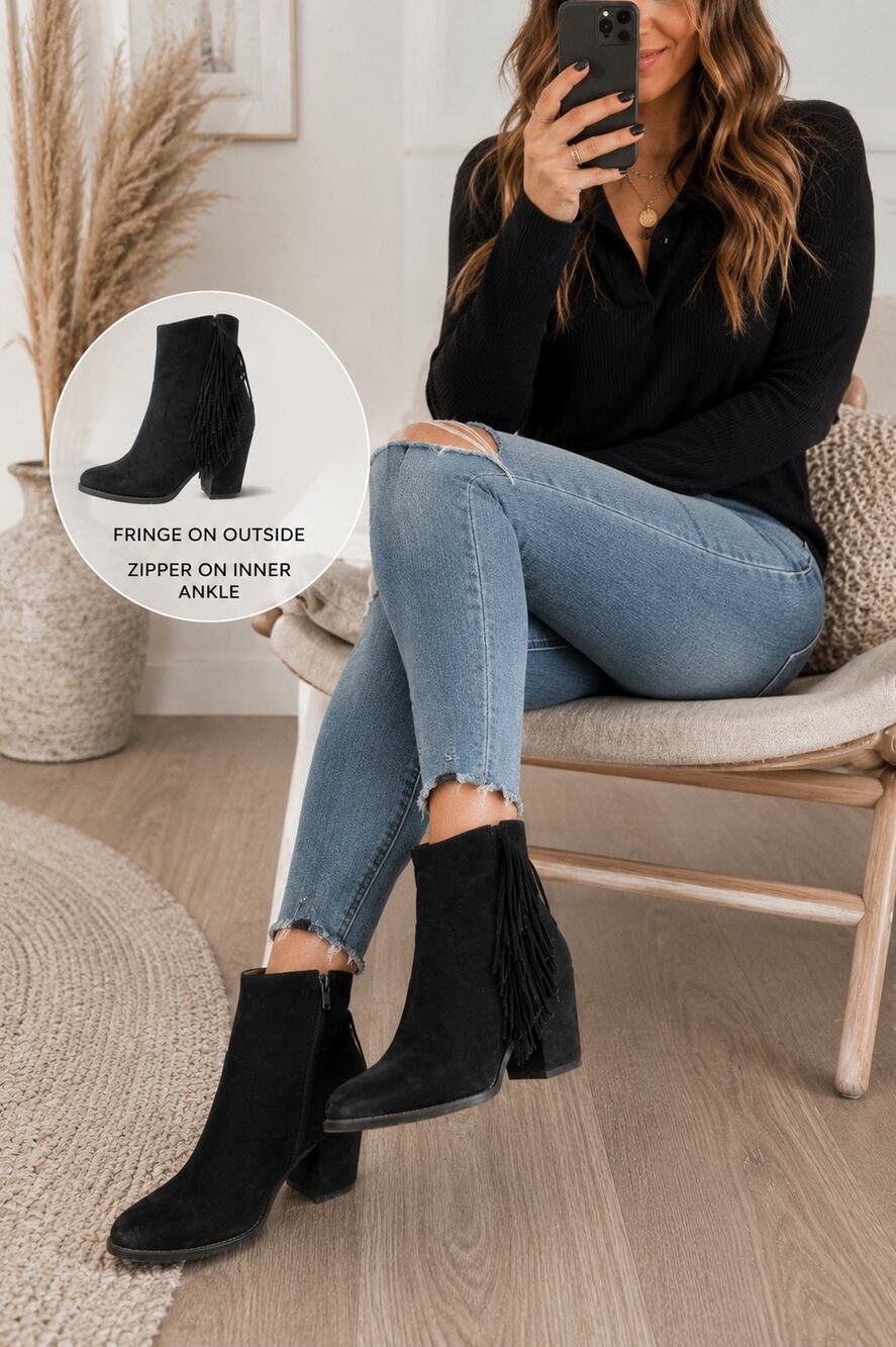 Frye Black Suede Fringe Leather Ankle Boots Size 9M Boho Western